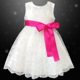 Girls Ivory Floral Lace Dress with Hot Pink Satin Sash